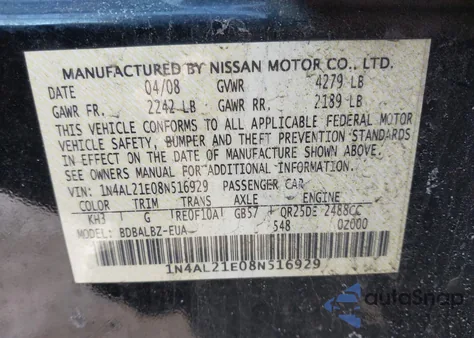 2008 Nissan Altima 2.5 S z USA, uszkodzony, nr VIN 1N4AL21E08N516929